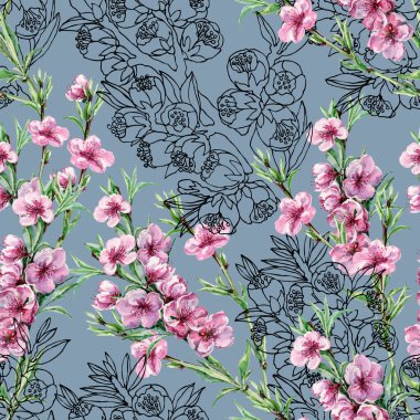 Grafik şeklinde çiçek sakura ve dallı suluboya çiçek şeftalisi. Bahar kompozisyonu. Mavi arkaplanda pürüzsüz desen.