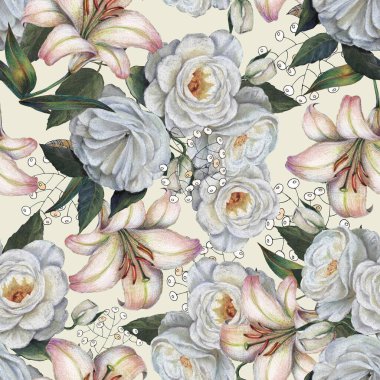 Çiçekler yükseldi ve yapraklarla zambaklar renkli kalemlerle çizildi. Bahar kompozisyonu. Krema arka planında kusursuz desen.