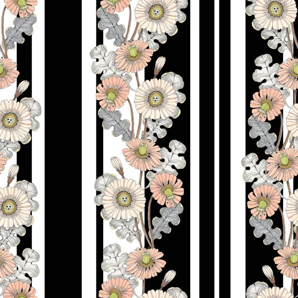 Flowers Leaves Draw Colored Pencils Vertical Composition Seamless Pattern White — Stock Photo, Image