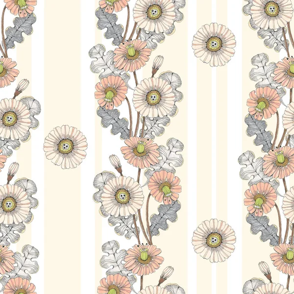 Flowers Leaves Draw Colored Pencils Vertical Composition Seamless Pattern White — Stock Photo, Image