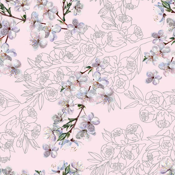 Grafikus Virágok Sakura Akvarell Virágok Cseresznye Tavaszi Összeállítás Zökkenőmentes Minta — Stock Fotó