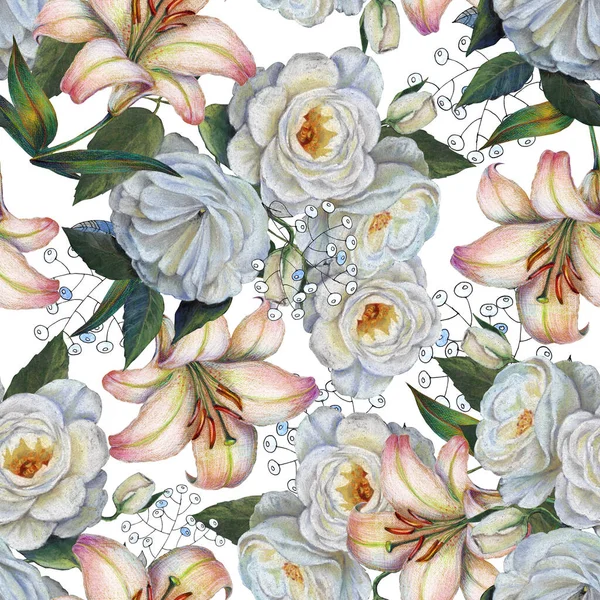 Flowers rose and lily with leaves draw in colored pencils. Spring composition. Seamless pattern on white background.