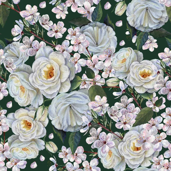 Kwiaty Różane Rysować Kolorowe Ołówki Gałęzi Akwarela Kwiaty Wiśni Kompozycja — Zdjęcie stockowe