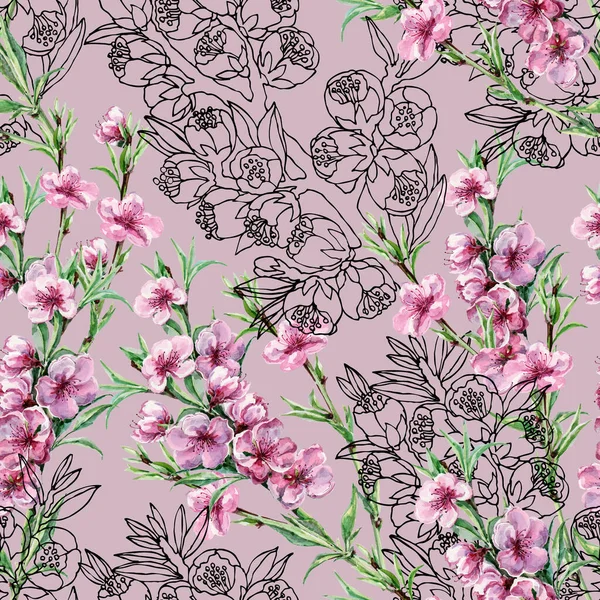 Grafikus Virágok Sakura Akvarell Virágok Őszibarack Tavaszi Összeállítás Zökkenőmentes Minta — Stock Fotó
