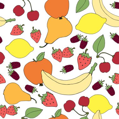  Beyaz arka planda yaprakları olan kusursuz meyve deseni. Dekorasyon ve tasarım için güzel bir desen. Vektör illüstrasyonu.