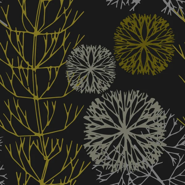 Dekoratif yaprakların deseni. Siyah bir arka planda kusursuz desen. Vektör illüstrasyonu.