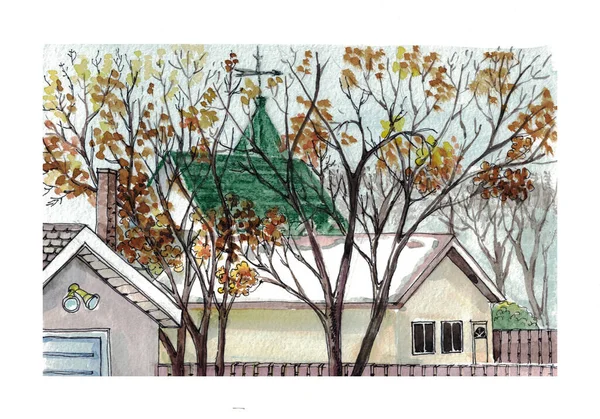 Иллюстрация Акварельного Пейзажа Деревья Листьями Дом Фоне Неба Красивое Изображение — стоковое фото