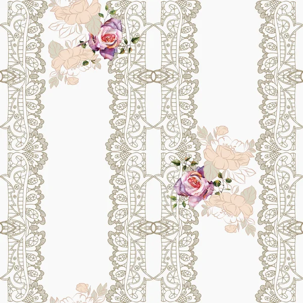 Garden Flowers Rose Painted Watercolor Graphic Lace Floral Seamless Pattern — Stock Photo, Image