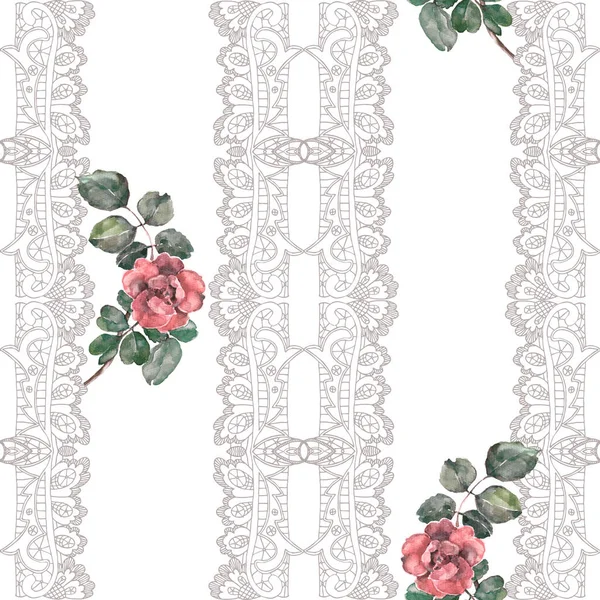 Garden flowers rose painted in watercolor with graphic lace. Floral seamless pattern on white background.