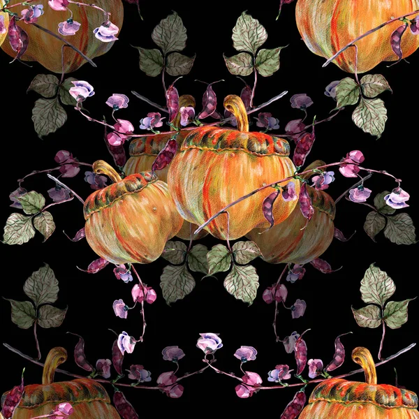 Akvarell Virágok Haricot Tök Lila Háttér Zökkenőmentes Minta Dekorációk — Stock Fotó