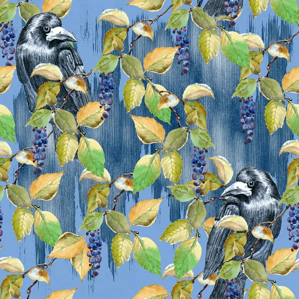 无缝图案水彩水果 分枝上有浆果和鸟的蓝色背景 装饰和设计的漂亮图案 — 图库照片