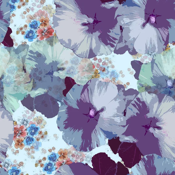 Садові Веселі Квіти Квітами Пофарбовані Акварель Квітковий Безшовний Візерунок Синьому — стокове фото