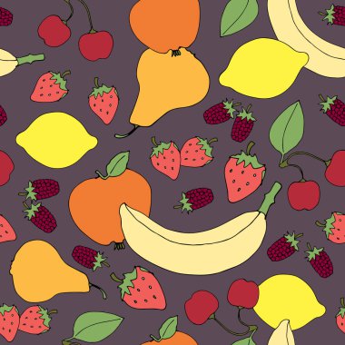 Tasarım için dekoratif meyve. Arka planda yaprakları olan meyvelerden yapılmış bir süs. Çiçeksiz desen.