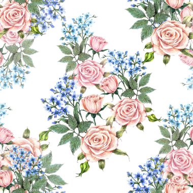 Bahçe çiçekleri suluboya mavi çiçeklerle boyanmış. Beyaz arka planda çiçek deseni.