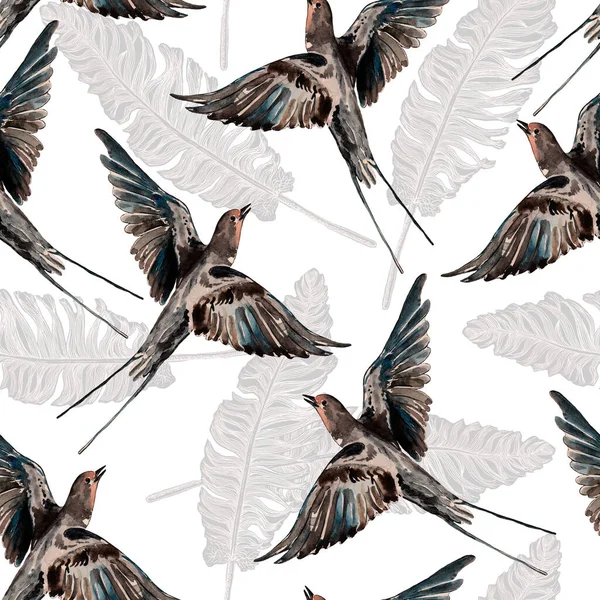 Watercolor bird swallow with feather on white background. Seamless pattern.