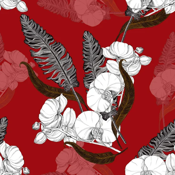 Graficzne Kwiaty Orchidea Druku Projektowania Monochromatyczna Ozdoba Płynny Wzór Czerwonym — Zdjęcie stockowe