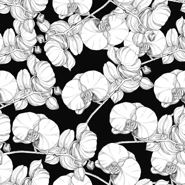 Graphic Flowers Orchid Printed Design Monochrome Ornament Seamless Pattern Black — Stock Photo, Image