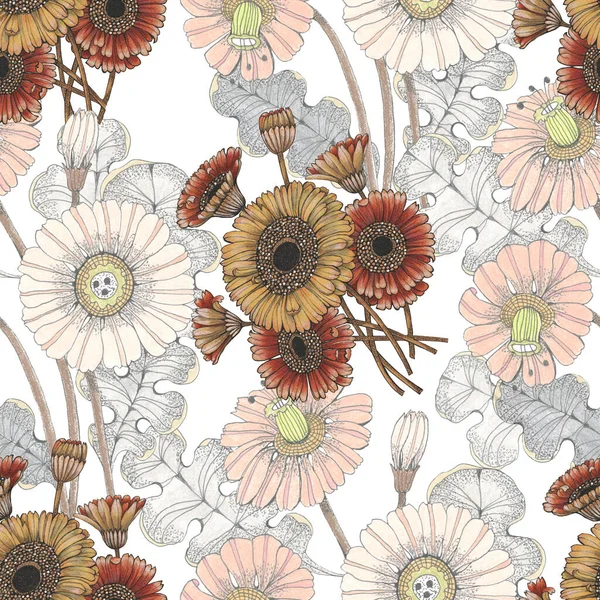 Blumen Gerbera Mit Blättern Zeichnen Buntstiften Und Tusche Florale Komposition — Stockfoto