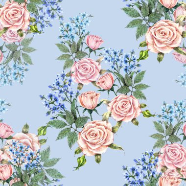 Çiçekler suluboya boyayla mavi tarla çiçekleriyle boyanmış. Mavi arka planda çiçeksiz desen.