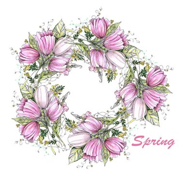 Çelenk koyu çiçekli lale suluboya ile boyanmış beyaz arkaplanda yapraklar.