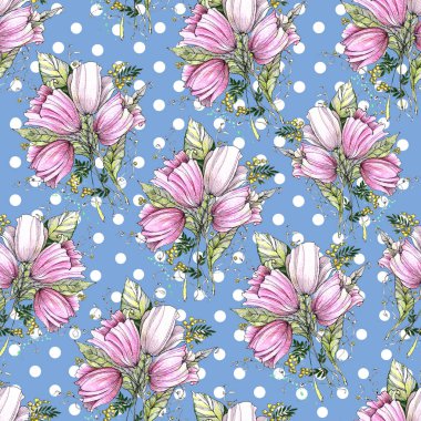 Bahçe çiçekleri lale yaprağıyla suluboya boyanmış. Mavi benekli arka planda çiçeksiz desen.