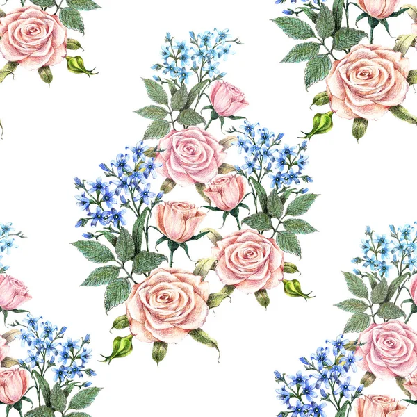 Garden Flowers Rose Painted Watercolor Blue Wildflower Floral Seamless Pattern — Stock Photo, Image