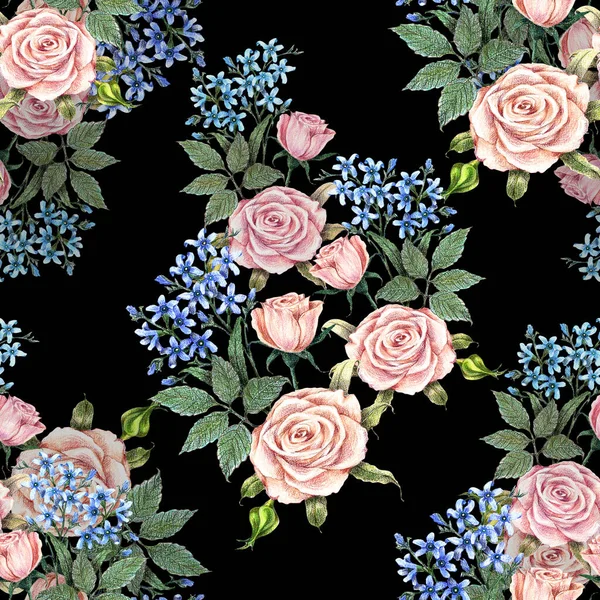 Kwiaty Ogrodowe Różane Malowane Akwareli Niebieskimi Kwiatami Kwiatowy Bezszwowy Wzór — Zdjęcie stockowe