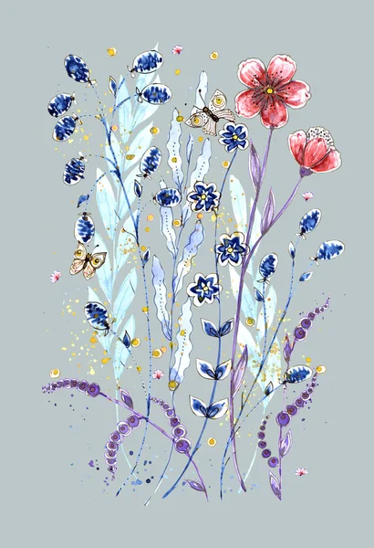 Kwiaty Łąki Malowane Akwarelą Szarym Tle Ilustracja Dekoracji — Zdjęcie stockowe
