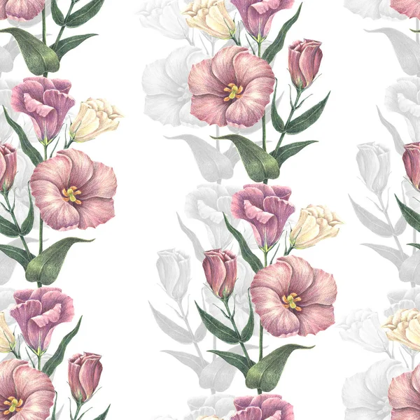 Garden Flowers Irish Rose Painted Watercolor Leaves Floral Seamless Pattern — Zdjęcie stockowe