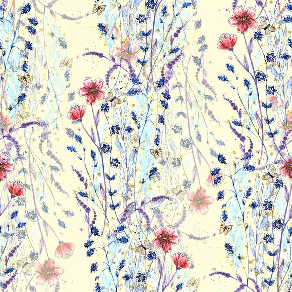 Meadow Flowers Painted Watercolor Seamless Pattern Cream Background Illustration Decoration — Stock Photo, Image