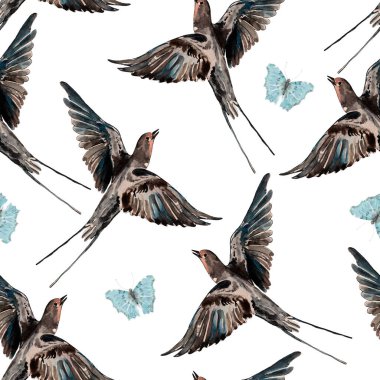 Beyaz arka planda kelebek olan suluboya kuş yutması. Dekorasyonlar için kusursuz desen.