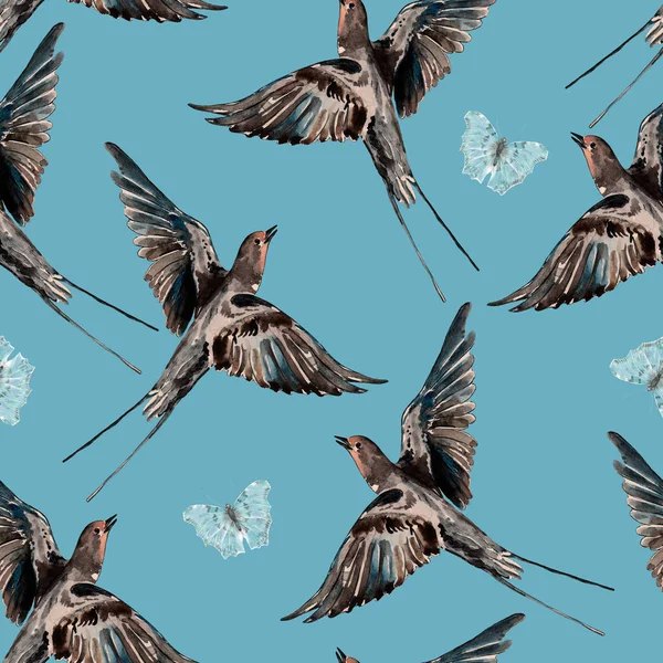 Mavi Arka Planda Kelebek Olan Suluboya Kuş Yutması Dekorasyon Kağıdı — Stok fotoğraf