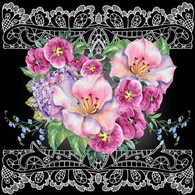 Suluboya çizimi. Grafik dantel sepetinde açan bahar çiçekleri. Siyah arka planda çiçek elementleri olan bir kompozisyon. Klasik dekor.