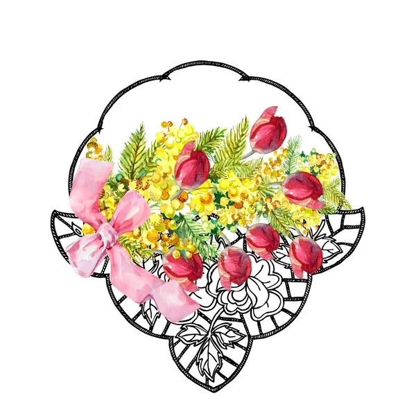 Ilustración Acuarela Flores Primaverales Florecientes Cesta Encaje Gráfico Composición Con — Foto de Stock