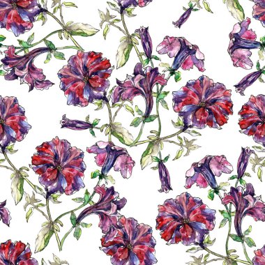 Çiçek açan suluboya petunya ve beyaz arka planda yapraklar. Dekorasyonlar, tekstil ve kağıtlar için çiçek bileşimine sahip kusursuz desen.