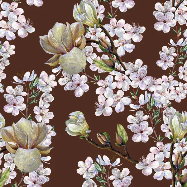 Watercolor flowers magnolia on black branch with flowers cherry. Floral composition for spring fabric and wallpapers. Seamless pattern.