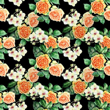 Turuncu gül, orkide, suluboya, desen sorunsuz