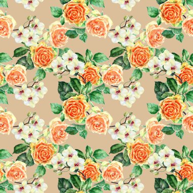 Turuncu gül ve orkide, suluboya, Dikişsiz desen