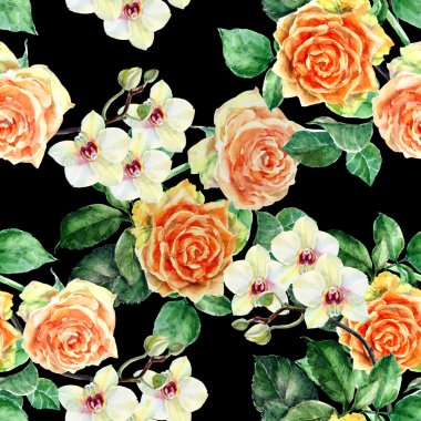 Turuncu gül, orkide, suluboya, desen sorunsuz