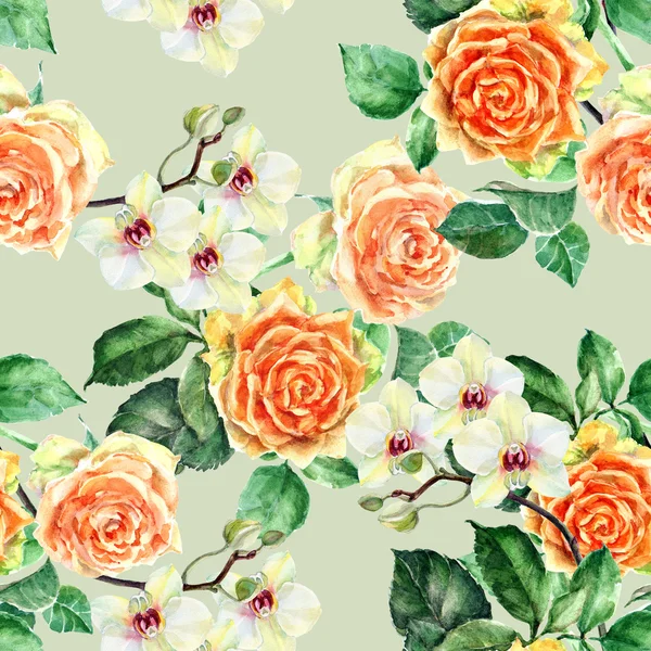 オレンジのバラと蘭、水彩画、シームレスなパターン — ストック写真