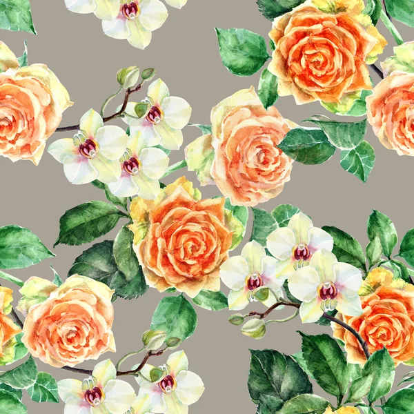 Orange rose and orchid, watercolor , pattern seamless — Stock Photo, Image