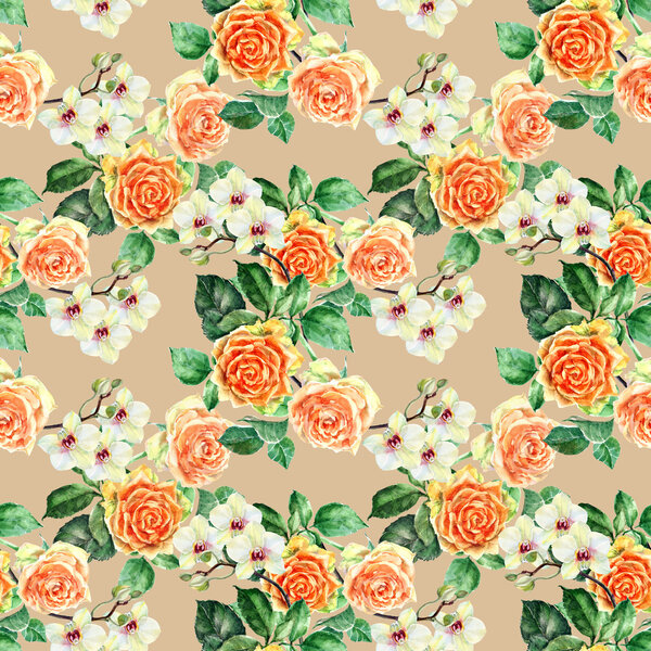 Orange rose and orchid, watercolor , pattern seamless