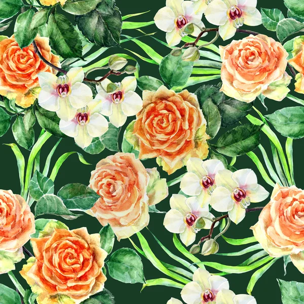 Orange rose, orchid, alga, watercolor, pattern seamless — Stock Photo, Image
