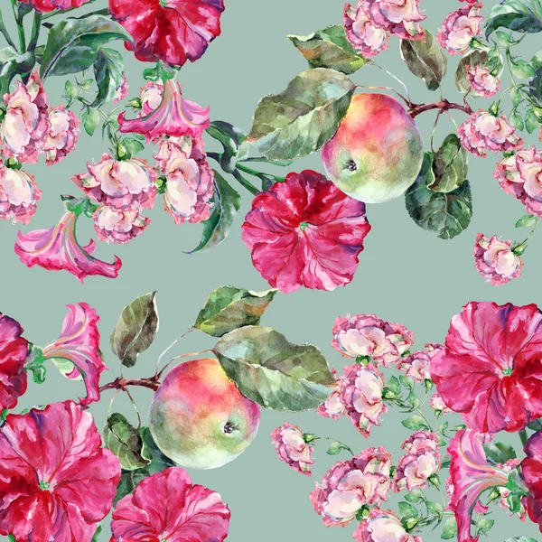 Flower and apple, watercolor, pattern seamless — Stock Photo, Image