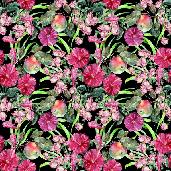 Λουλούδι, μήλο, φύκι, ακουαρέλα, μοτίβο άνευ ραφής — Φωτογραφία Αρχείου