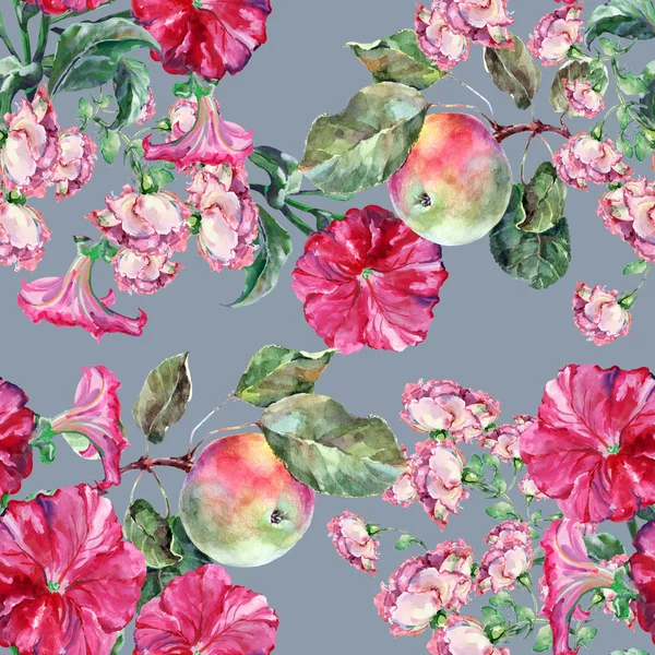 Flower and apple, watercolor, pattern seamless — Stock Photo, Image