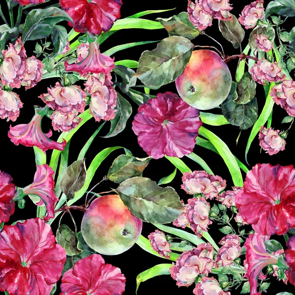 Λουλούδι, μήλο, φύκι, ακουαρέλα, μοτίβο άνευ ραφής — Φωτογραφία Αρχείου