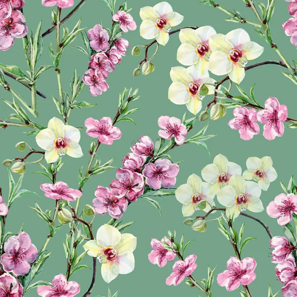 Květy broskvoní a orchideje, akvarel, vzor bezešvé — Stock fotografie