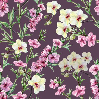 Çiçekleri şeftali ve orkide, suluboya, desen sorunsuz