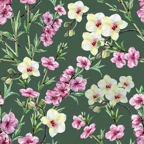 Flowers peach and orchids, watercolor, pattern seamless — Stock Photo, Image